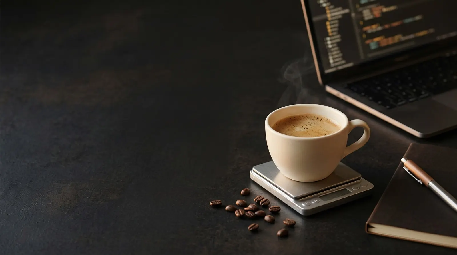 A cup of espresso on a scale beside a laptop showing code, a notebook and a pen.