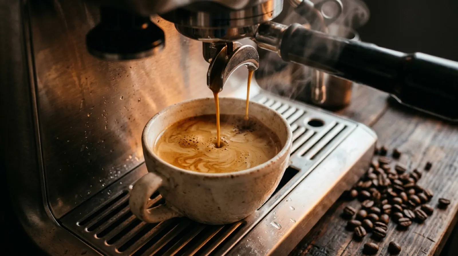 Espresso being extracted from a machine beside a laptop.
