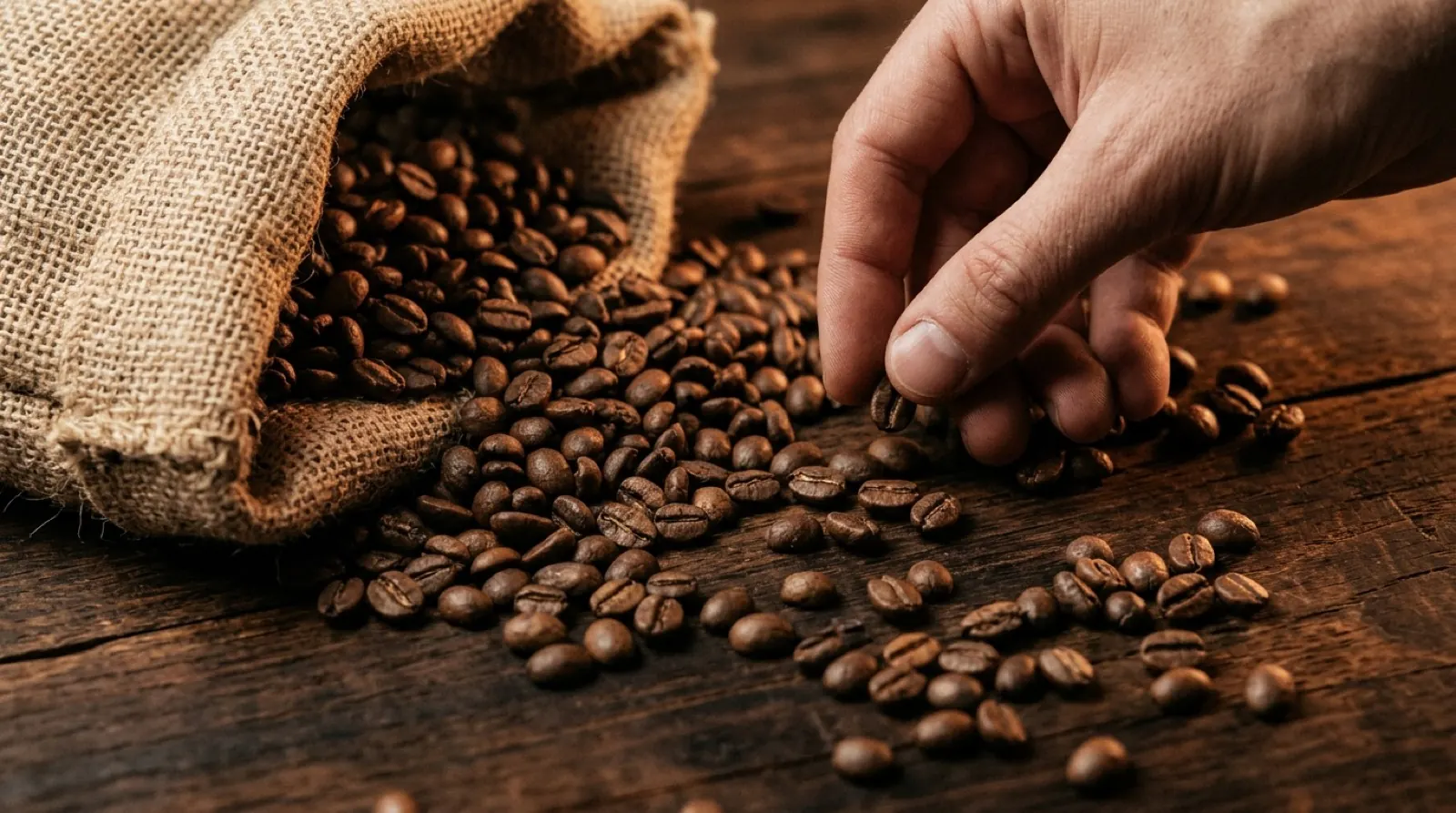 A hand picking a single roasted coffee bean from a burlap sack.