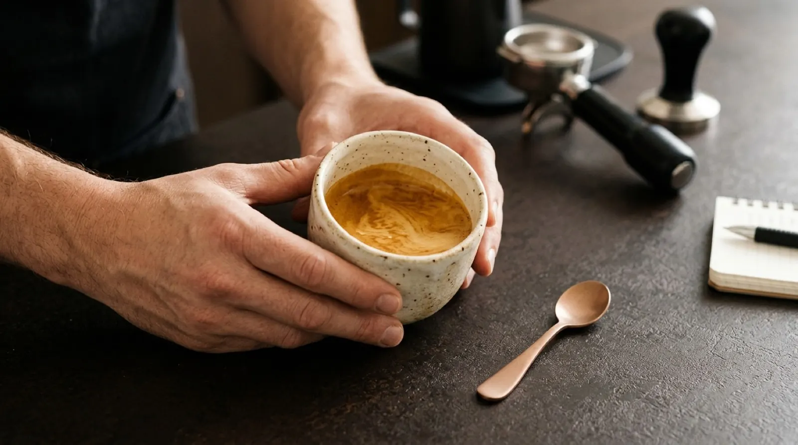 A freshly prepared coffee being tasted and evaluated.