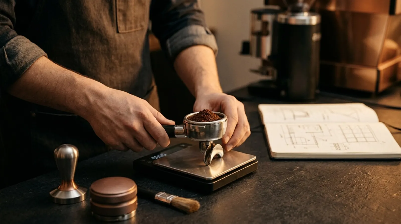 Coffee being weighed on a precision scale next to design notes.